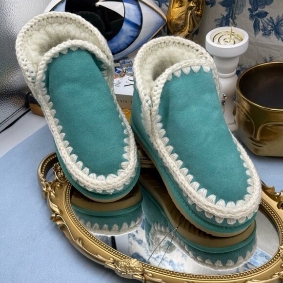 🆕 MOU 🧿 NWT WOB Teal Eskimo Ankle Boot, Cream Crochet Overstitch, Sz EU 35 - Picture 8 of 13